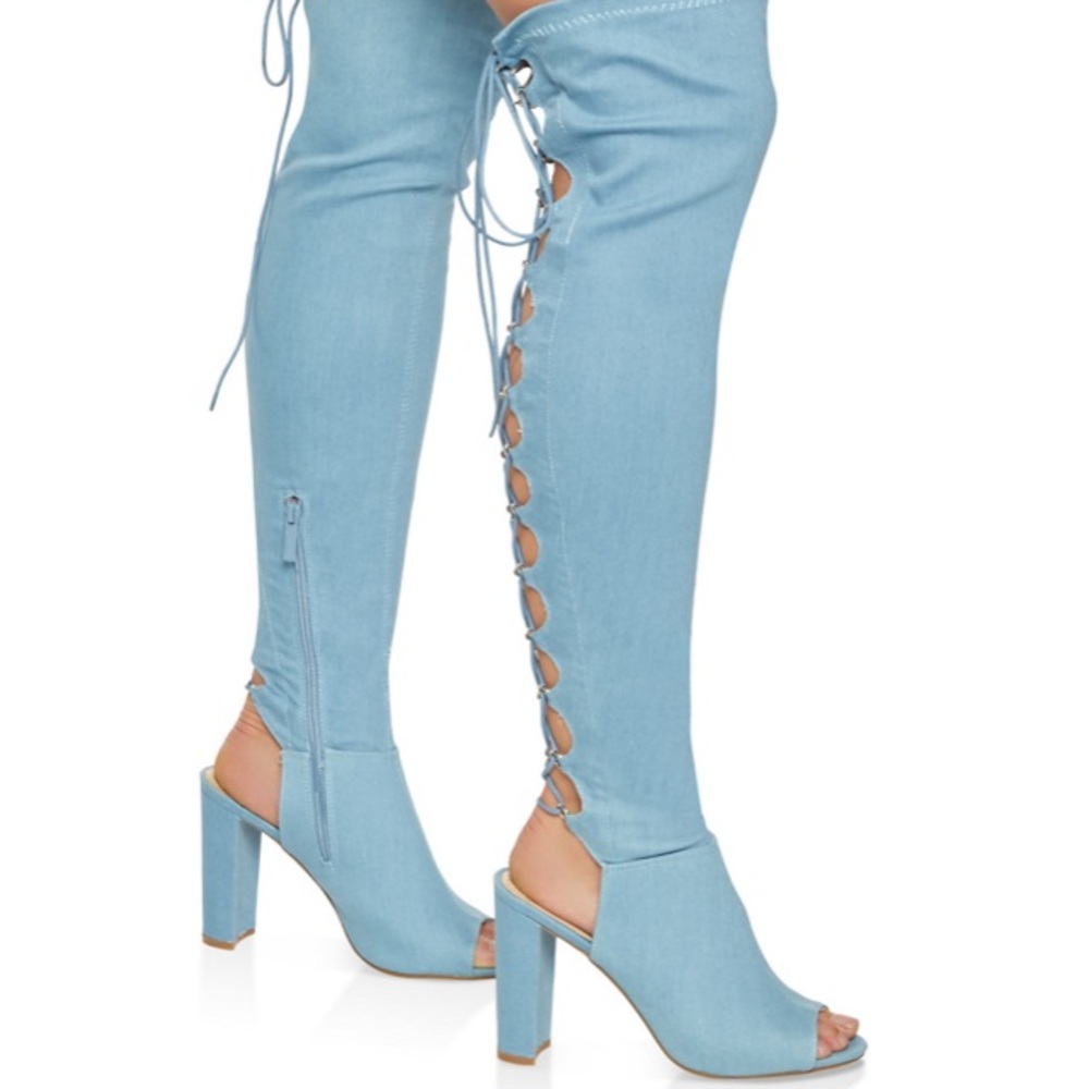 Denim Lack Up Over The Knee High Boots